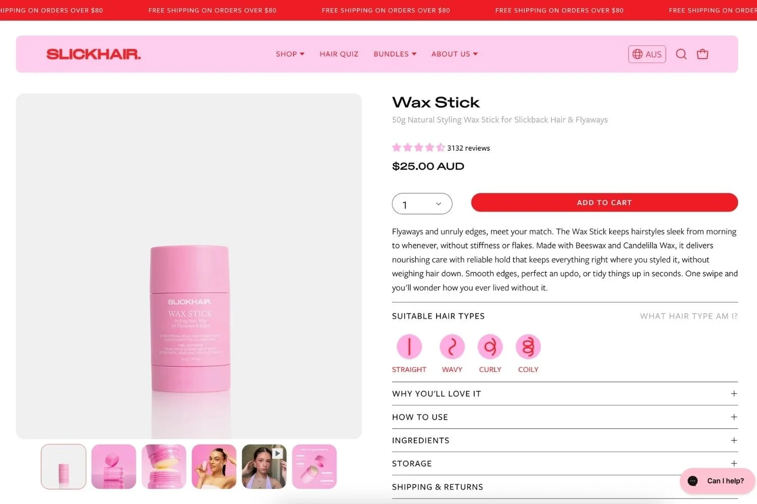 Product page for haircare brand Slickhair