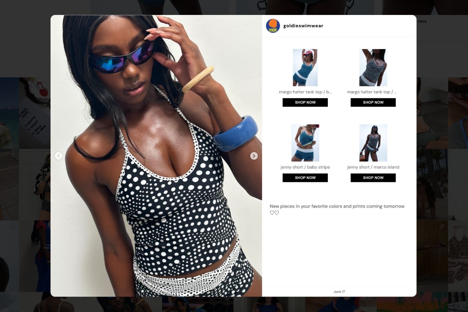 Shoppable Instagram post with tagged products on Goldie Swimwear