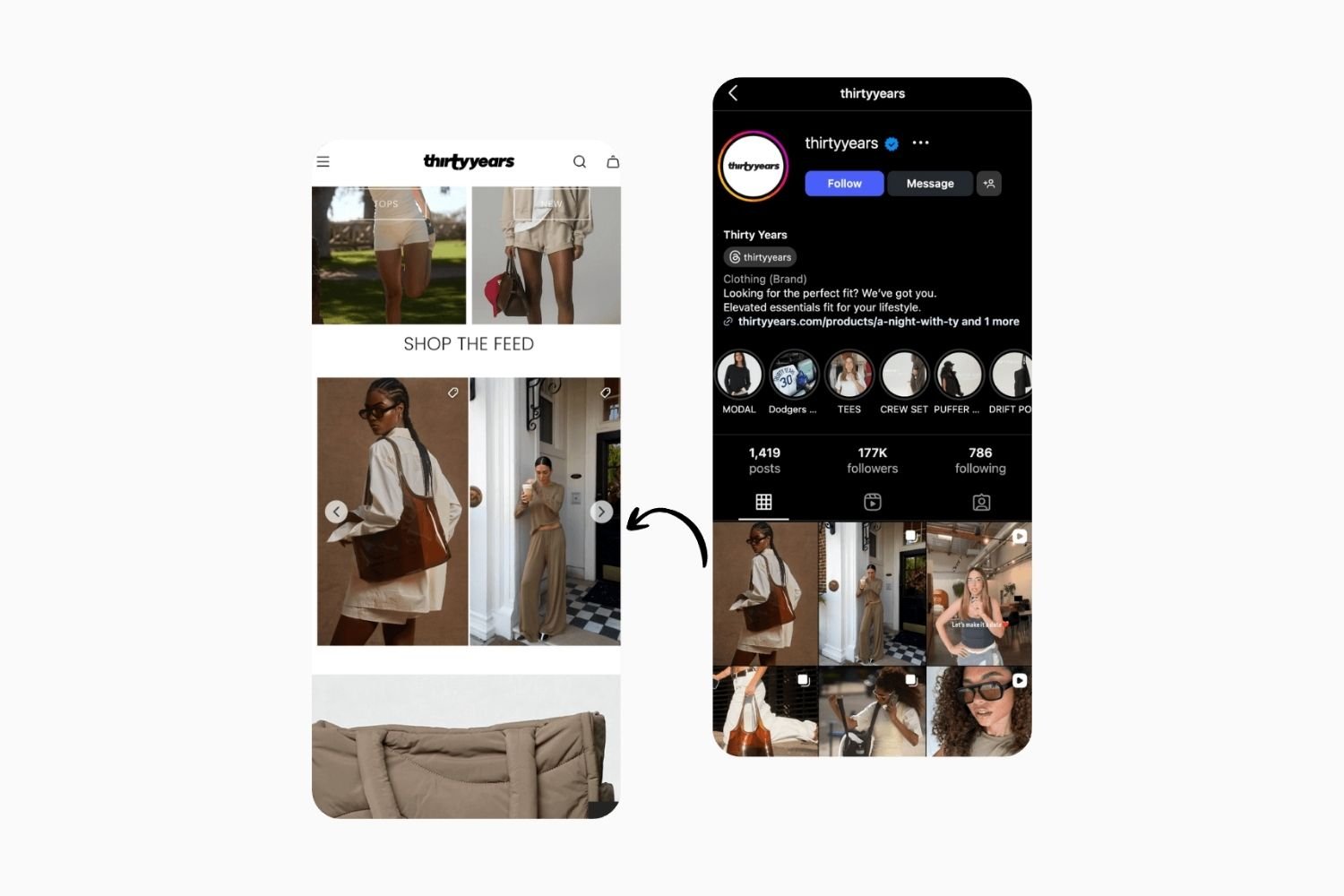 Shoppable Instagram feed on Thirty Years storefront, mobile