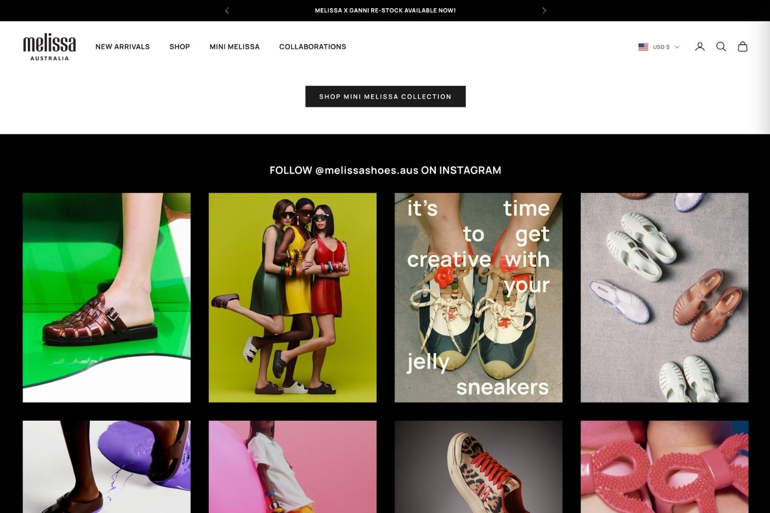 Mintt Instafeed showing Melissa brand Instagram posts on Shopify