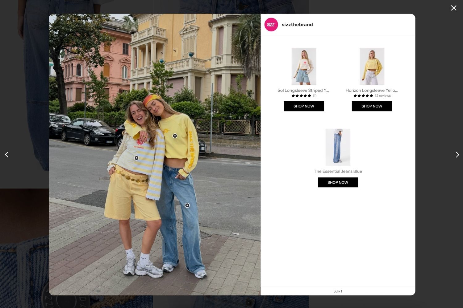 A shoppable Instagram post powered by Mintt Instafeed on the SIZZ The Brand storefront