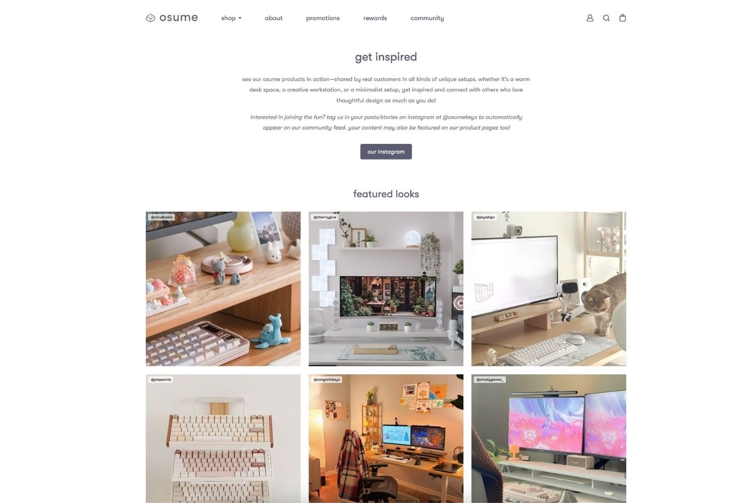 Osume community page with UGC Instagram feed powered by Mintt Instafeed