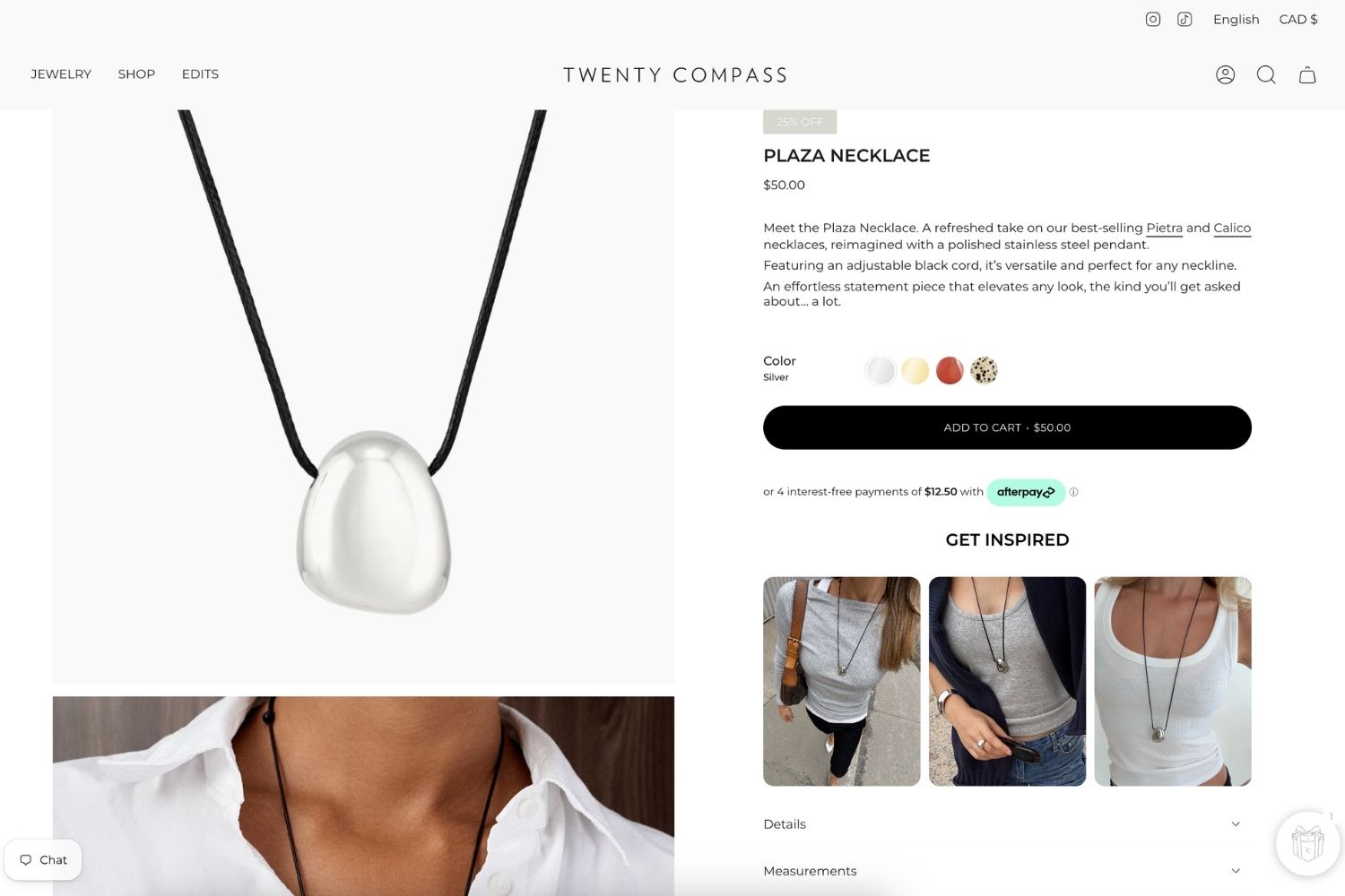 Plaza Necklace product page with Instagram feed