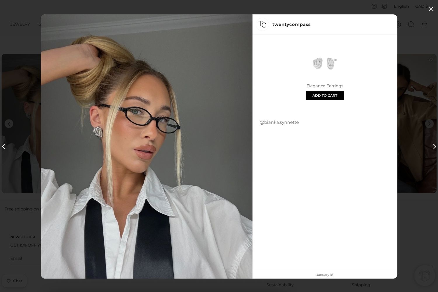 Shoppable Instagram post on the Twenty Compass homepage