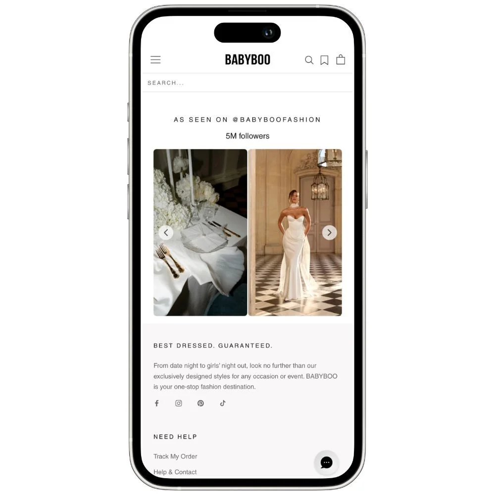 Babyboo fashion brand storefront with Instagram-style social content